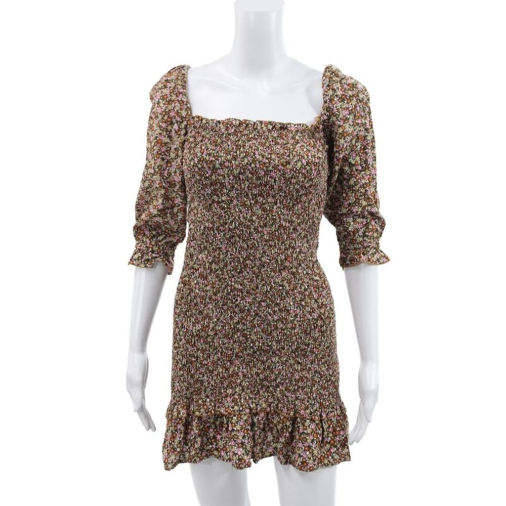 Faithfull The Brand Women Floral Brown Mini Dress Square Neck 3/4 Sleeve Size 2